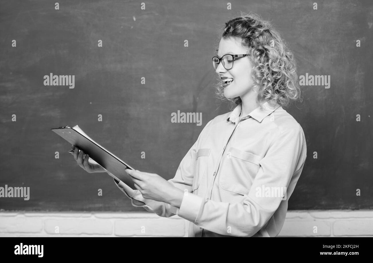 Ready for final exam. report project. back to school. teacher with document folder. new school year. Girl prepare for exams. happy student in glasses Stock Photo