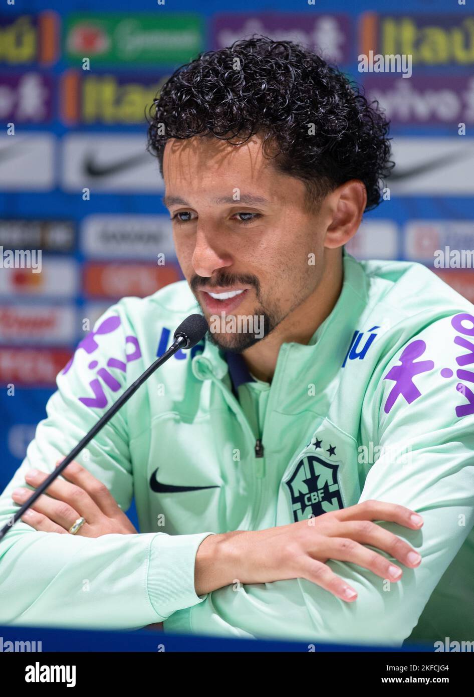 Turin, Italy. 17th Nov, 2022. Marquinhos of Brazil during Brazil National football team press conference before the finale stage of the World Cup 2022 in Qatar, at Juventus Training Center, 17 November 2022, Turin, Italy. Photo Nderim Kaceli Credit: Independent Photo Agency/Alamy Live News Stock Photo