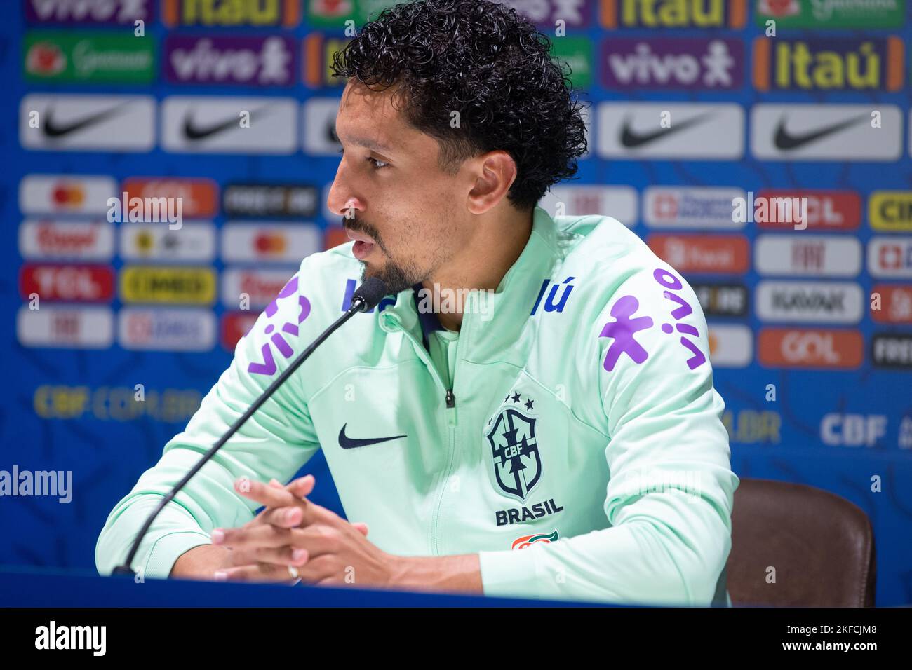 Turin, Italy. 17th Nov, 2022. Marquinhos of Brazil during Brazil National football team press conference before the finale stage of the World Cup 2022 in Qatar, at Juventus Training Center, 17 November 2022, Turin, Italy. Photo Nderim Kaceli Credit: Independent Photo Agency/Alamy Live News Stock Photo