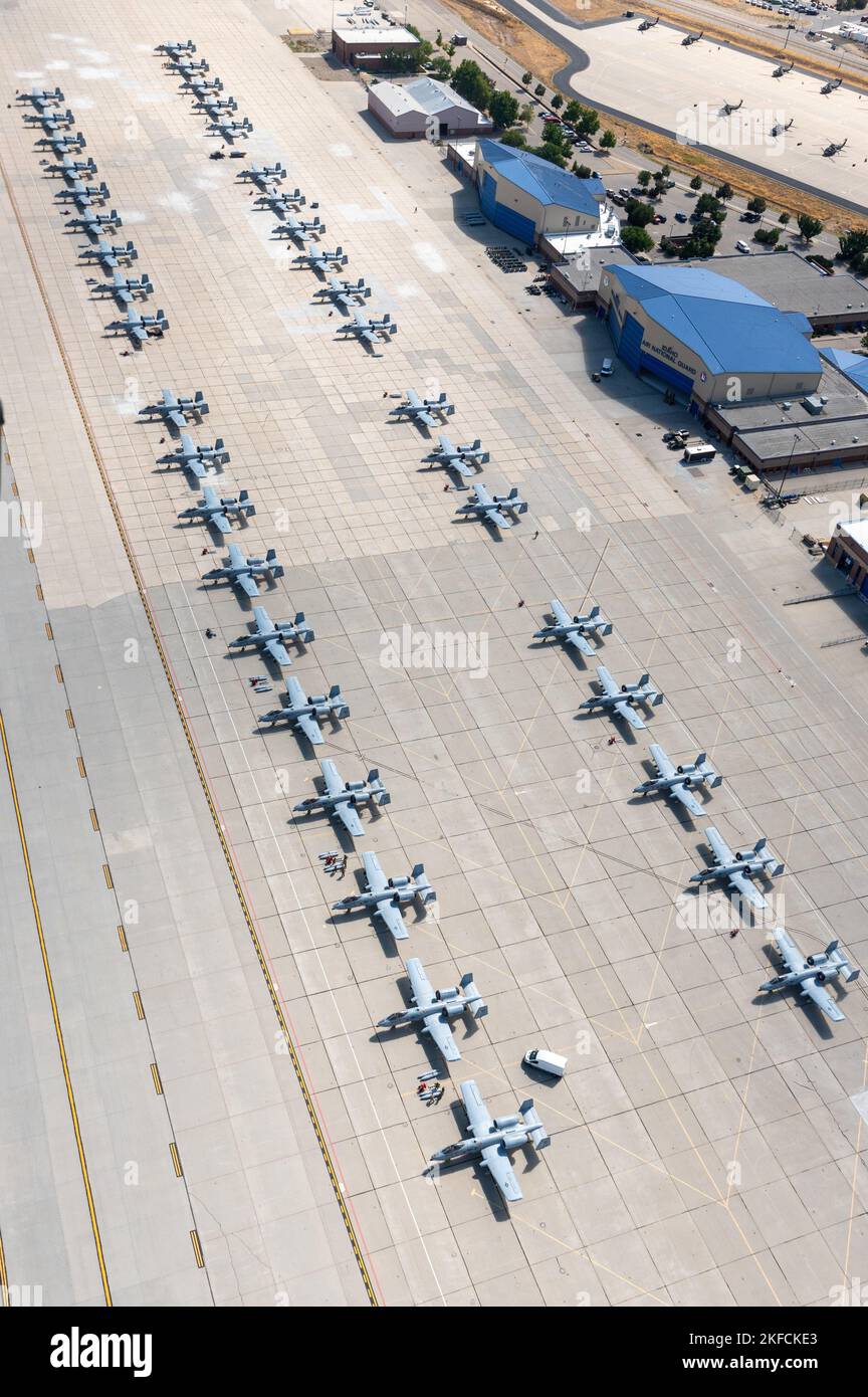 Thirty-seven A-10 Thunderbolt II’s sit on the flightline at Gowen Field ...
