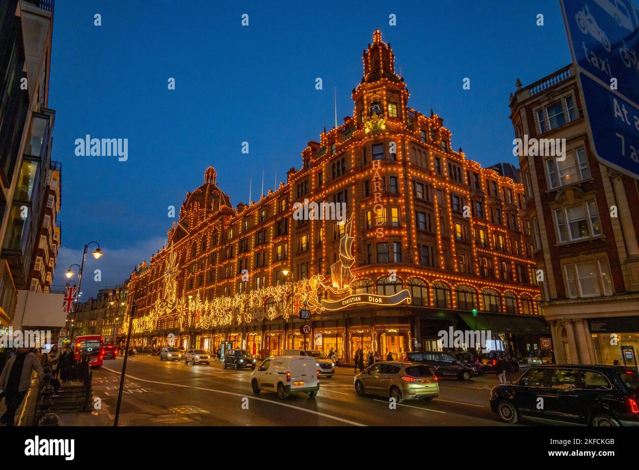 Christmas 2022 lights on the front of Harrods store Knightsbridge