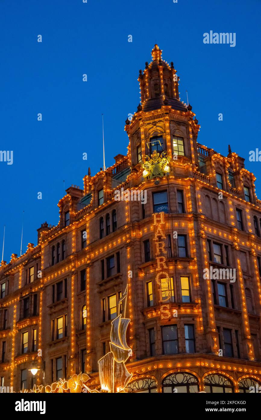 Christmas 2022 lights on the front of Harrods store Knightsbridge
