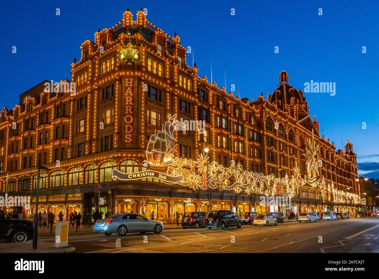 Christmas 2022 lights on the front of Harrods store Knightsbridge
