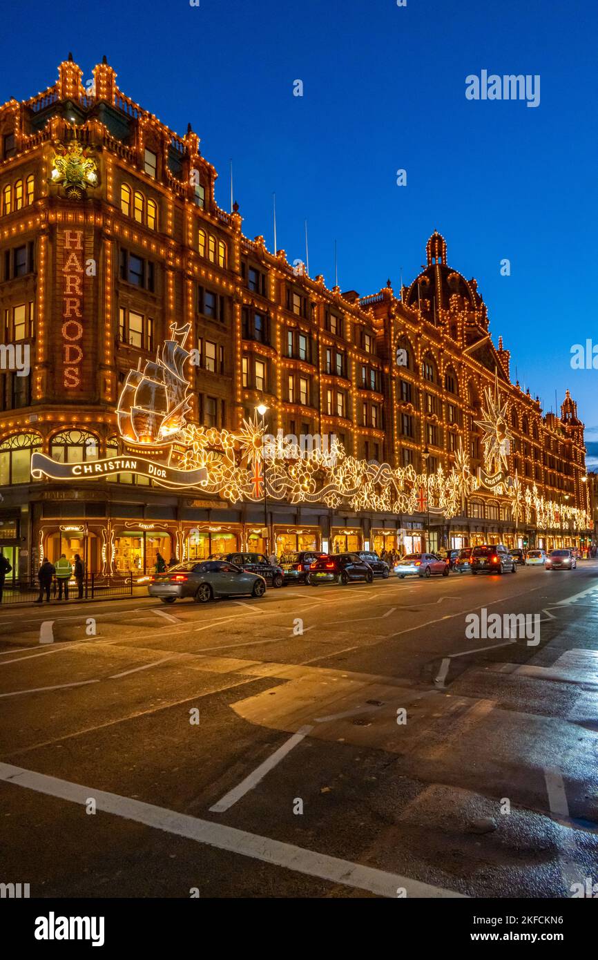 Christmas 2022 lights on the front of Harrods store Knightsbridge