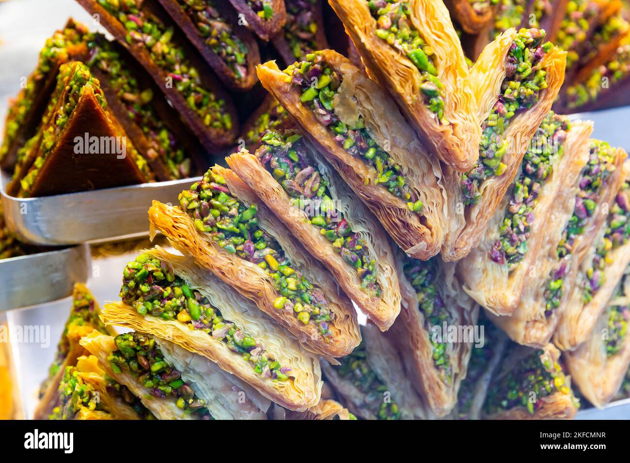 Honey baklava with nuts on display of Turkish sweetshop Stock Photo