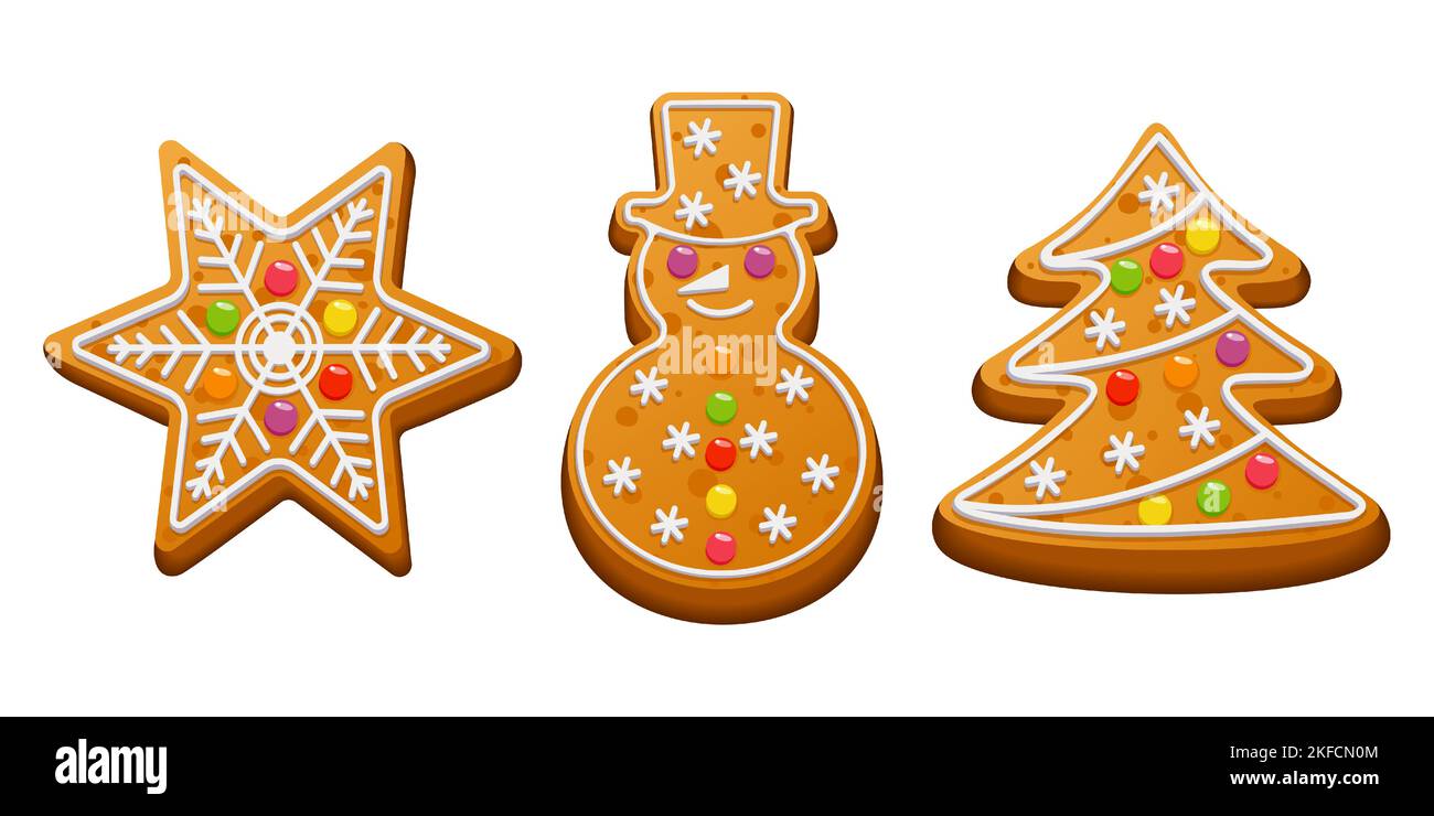Festive winter cookies snowman, christmas tree, star with sugar icing and marmalade. Gingerbread for Christmas. Vector illustration. Stock Vector