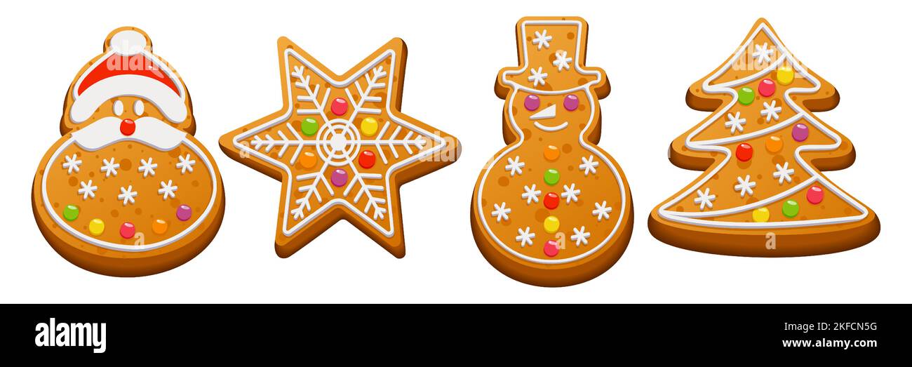 Christmas gingerbread set. Sweet homemade winter cookies. Gingerbread cookies with sugar icing and marmalade on a white background. Vector Stock Vector