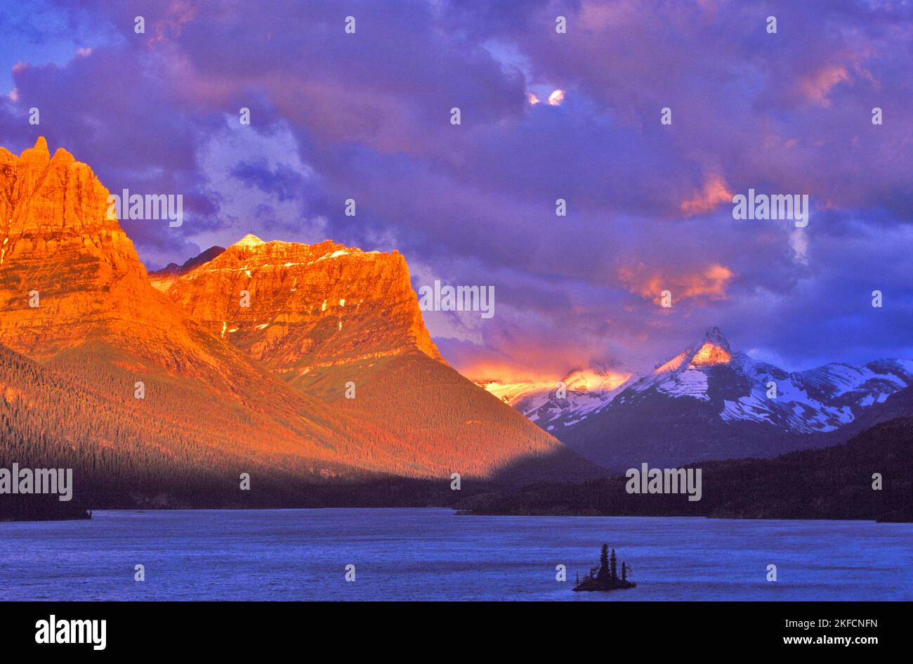 Sunrise over St Mary Lake and Wild Goose Island in Glacier National Park in Montana Stock Photo