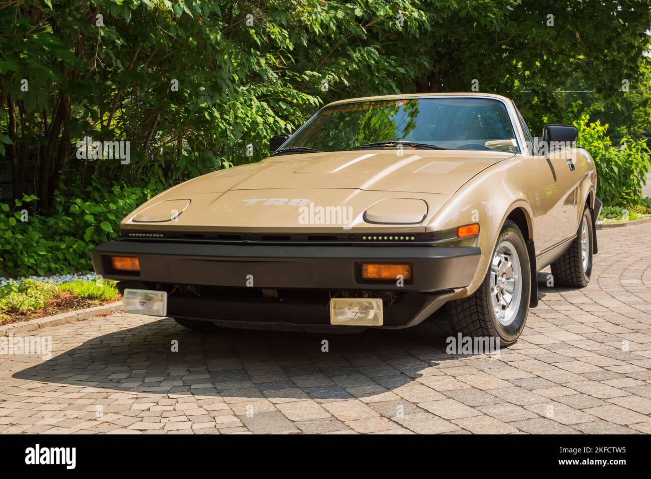 1980 midas-gold convertible Triumph TR8 parked in paving stone driveway. Stock Photo