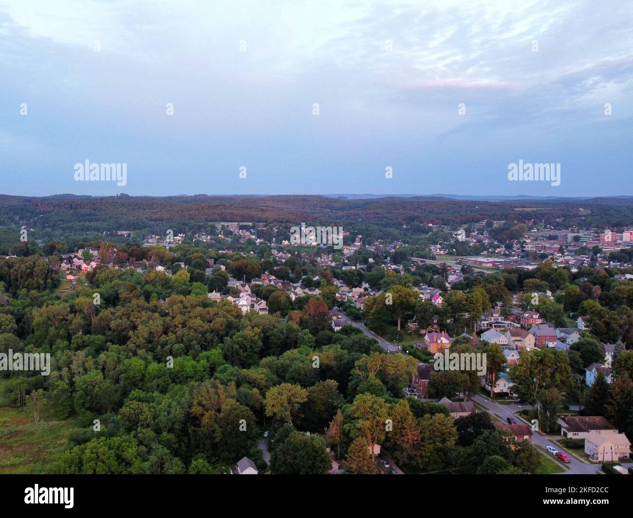 An aerial shot of the cityscape of DuBois City in Pennsylvania during