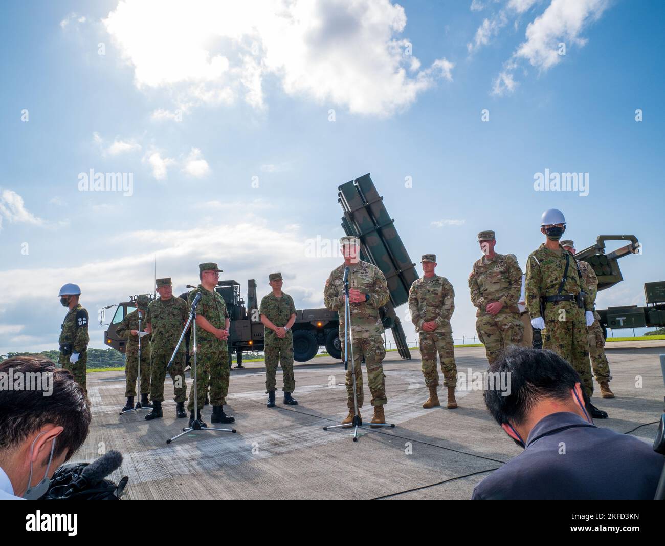 The Commanding General of U.S. Army Pacific, Gen. Charles A. Flynn (center), speaks to reporters during the U.S. Army Pacific and Japan Ground Self-Defense Force press conference at Camp Amami, Kagoshima, Japan, Sept. 8. Gen. Flynn and Gen. Yoshihide Yoshida, the JGSDF chief of staff, discussed the U.S.-Japan alliance, the partnership and interoperability between the JGSDF and the U.S. Army, and regional security. Stock Photo