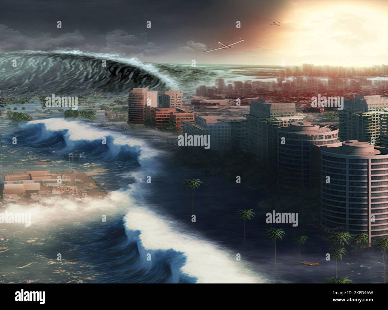 A huge tsunami with 100-foot waves hitting a tropical beach city. Natural disaster caused by climate change. Stock Photo