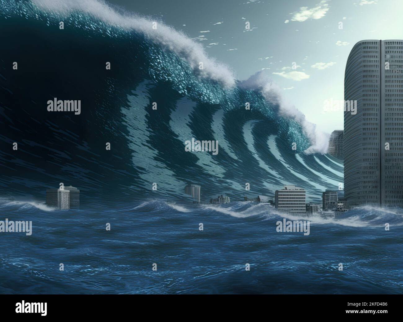 A 100-foot mega-tsunami striking a coastal city where tropical weather occurs as a result of climate change. Climate change has resulted in many Stock Photo