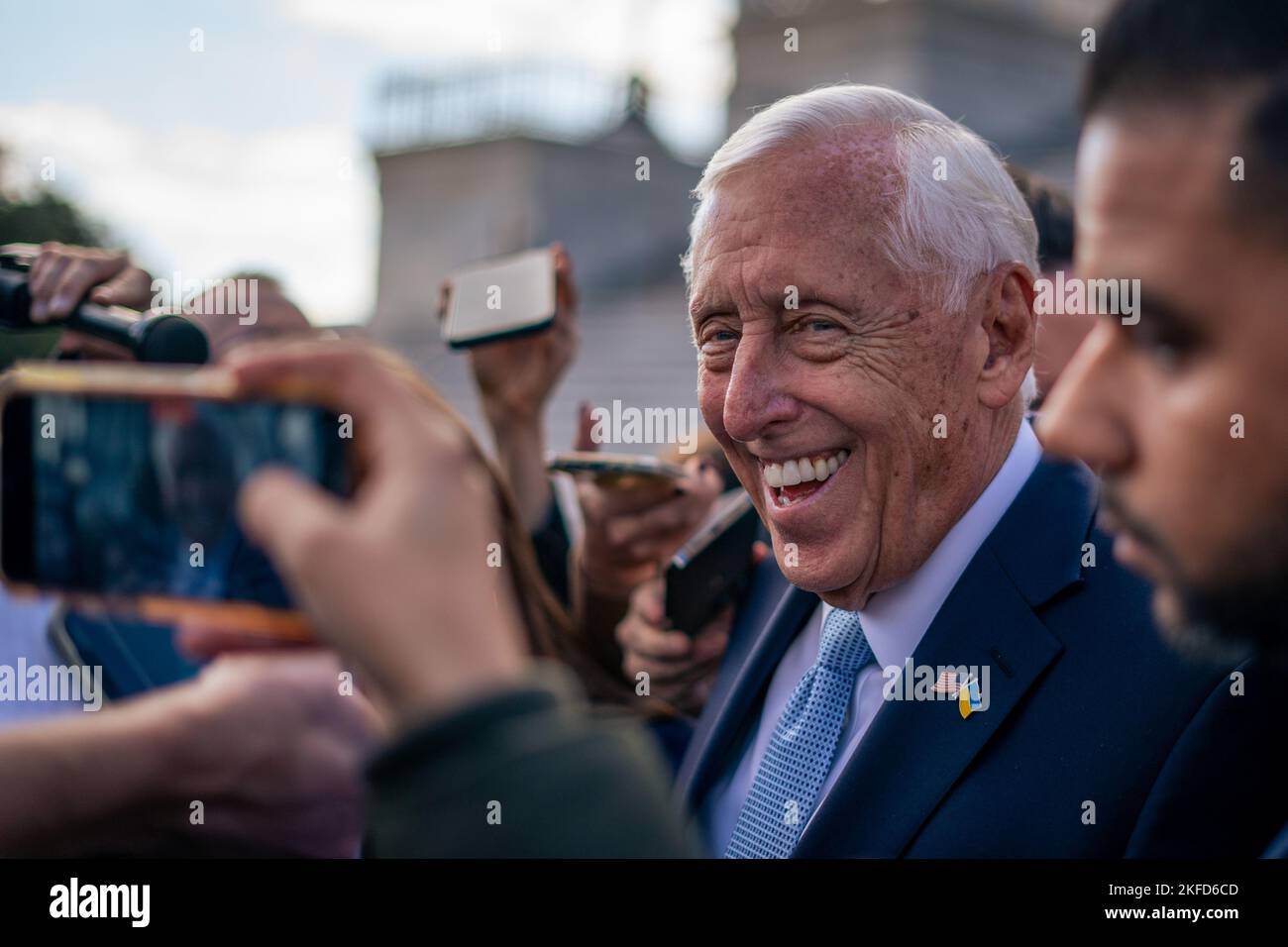 Washington, United States. 17th Nov, 2022. House Majority Leader, Steny Hoyer (D-MD), smiles in response to a question regarding the future of Democratic House Leadership. House Speaker Nancy Pelosi and House Majority Leader Steny Hoyer announced that they would step down from House leadership roles, paving the way for a new generation of leaders. Pelosi called an immediate meeting on Thursday with all Representatives. Credit: SOPA Images Limited/Alamy Live News Stock Photo
