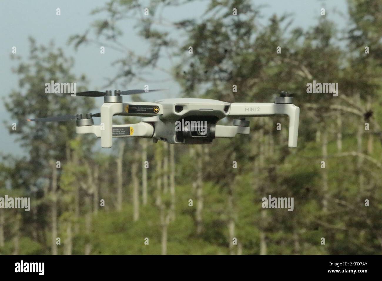 The Dji MINI 2 hovering in the air with the forest background Stock