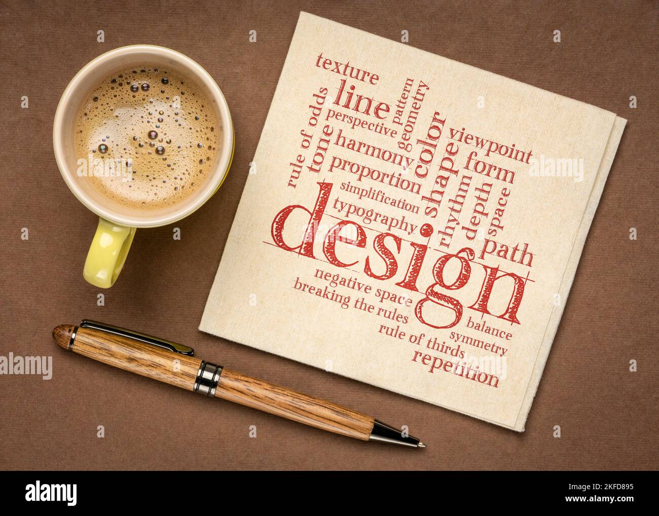 design elements and rules word cloud on a napkin, flat lay with coffee Stock Photo
