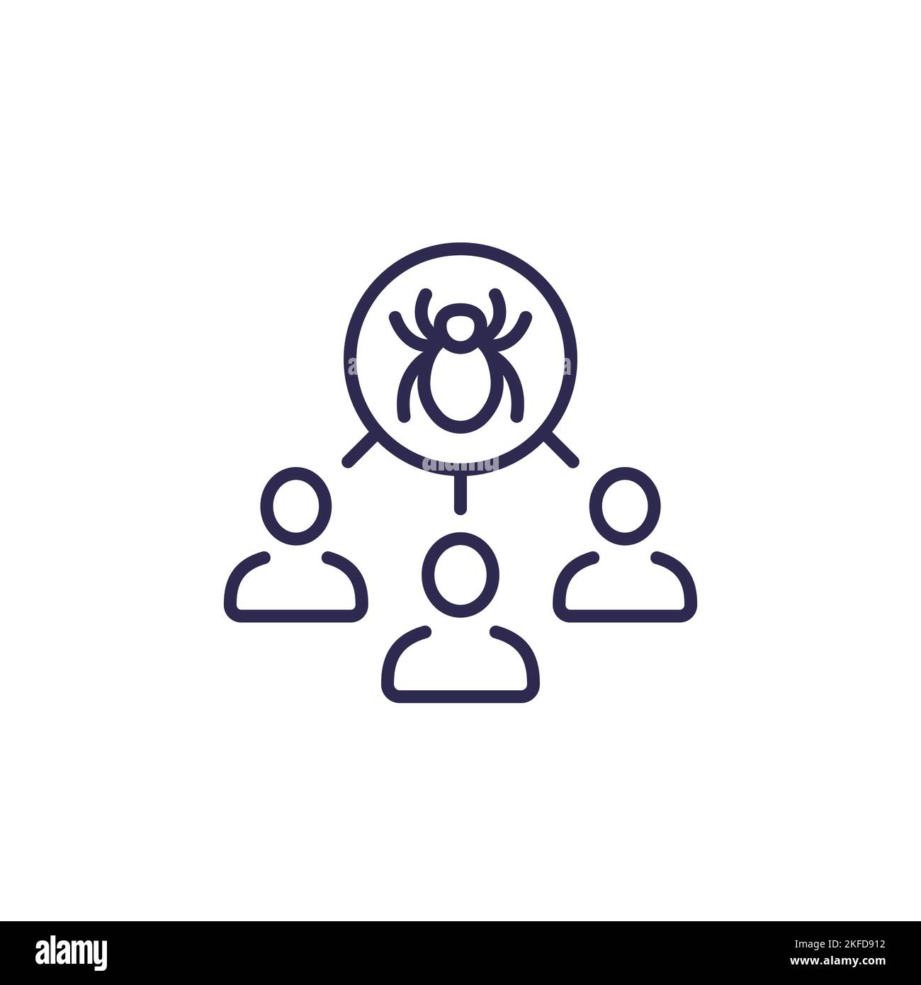Debugging, testing line icon with a bug and users Stock Vector