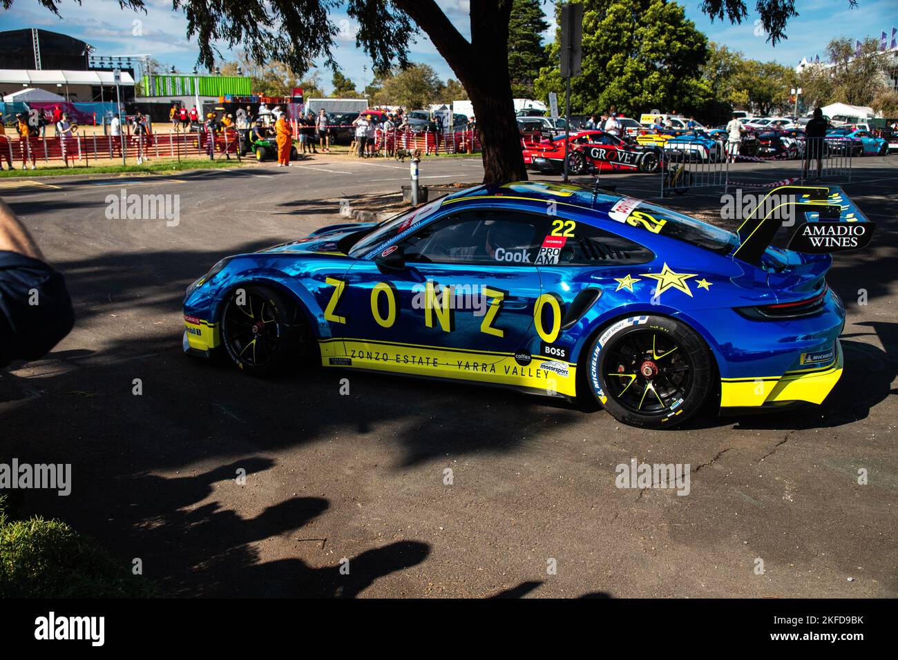 Zonzo Blue Porsche Carrera down at Albert Park Track for the Carrera Cup as all the colorful cars come down to the track and get ready to race. Stock Photo