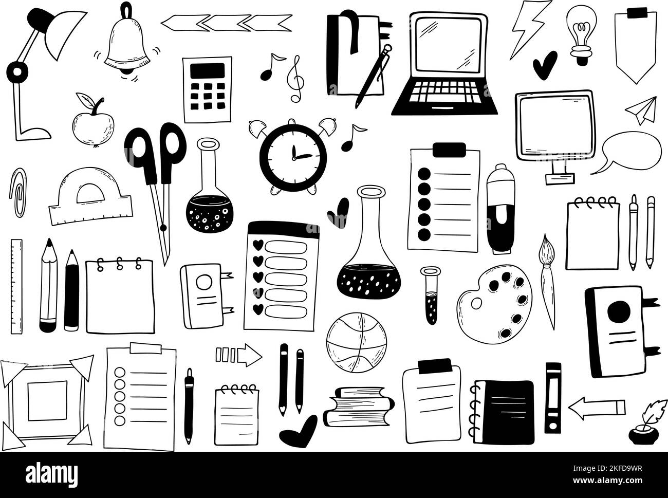 Collection school doodles. Educational items, stationery, study notebooks, pens and books, laptop, planners and subject hobbies. Vector illus.tration Stock Vector