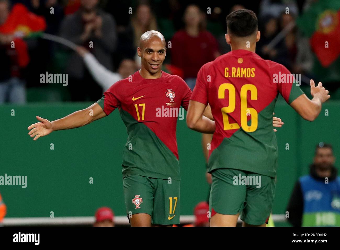 Lisbon. 17th Nov, 2022. Joao Mario (L) of Portugal celebrates with Goncalo Ramos after scoring a goal during an international friendly football match between Portugal and Nigeria in Lisbon, Portugal, on Nov. 17, 2022 Credit: Pedro Fiuza/Xinhua/Alamy Live News Stock Photo