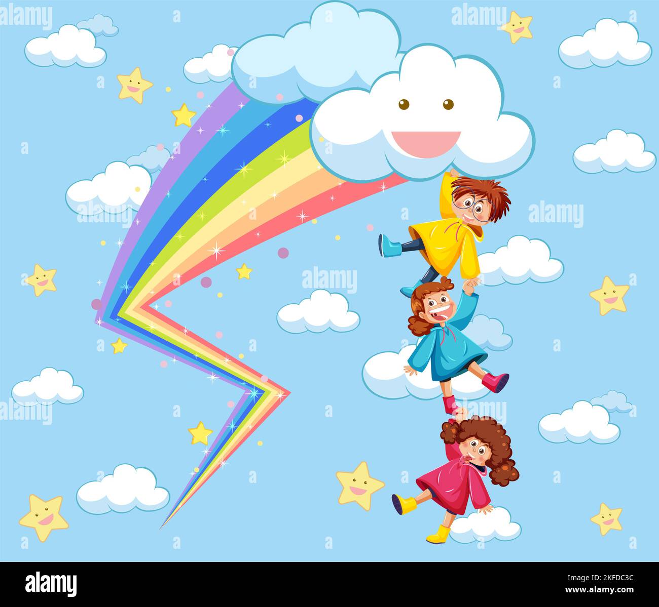 Happy kids in in the sky with rainbow illustration Stock Photo - Alamy