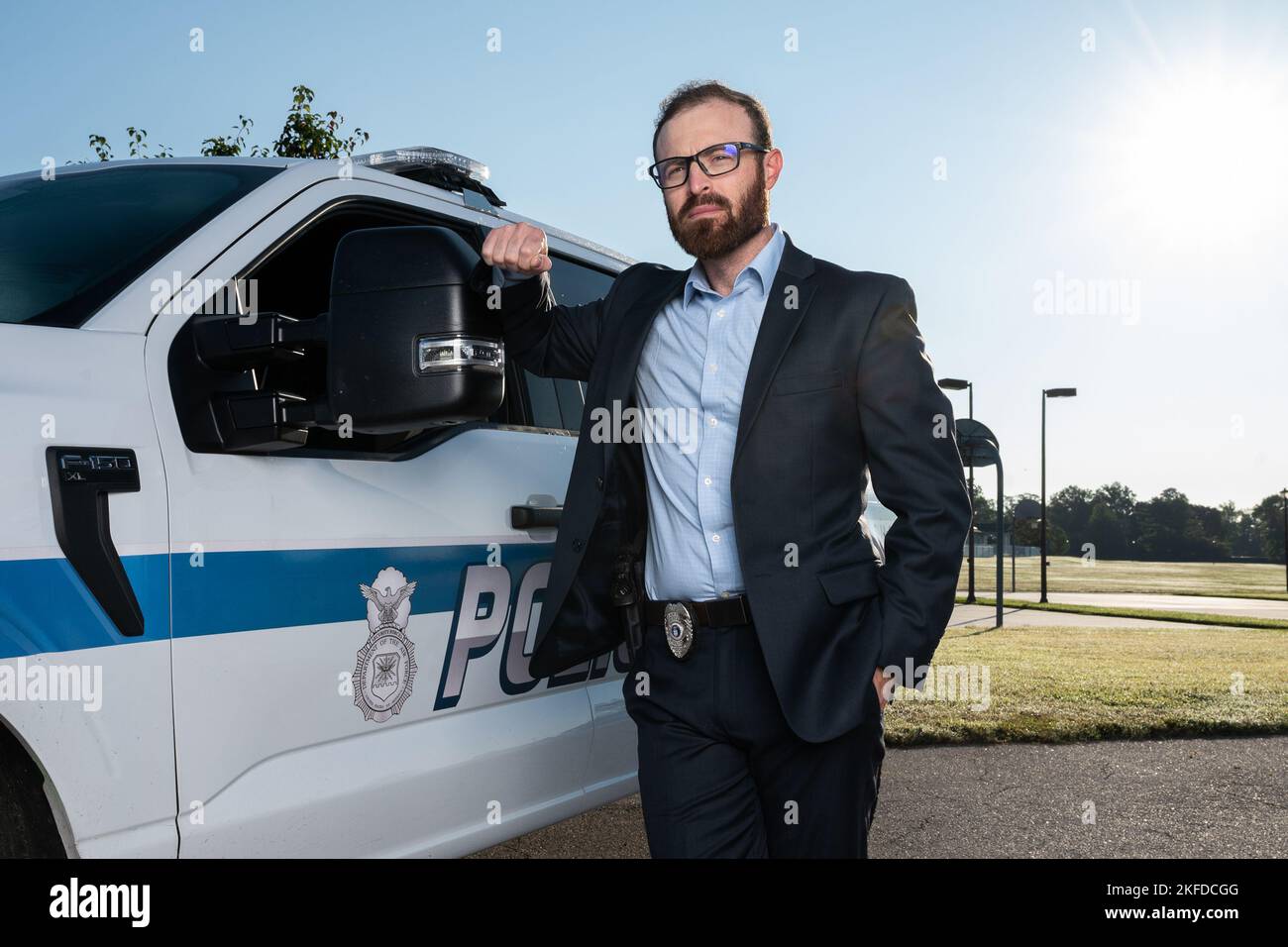 Justin Viens, 436th Security Forces Squadron protective services and special operations officer, poses for a photo on Dover Air Force Base, Delaware, Sept. 9, 2022. Viens has served 19 years in law enforcement while active duty military, reserve, and now, as a civilian at the 436th SFS. Stock Photo