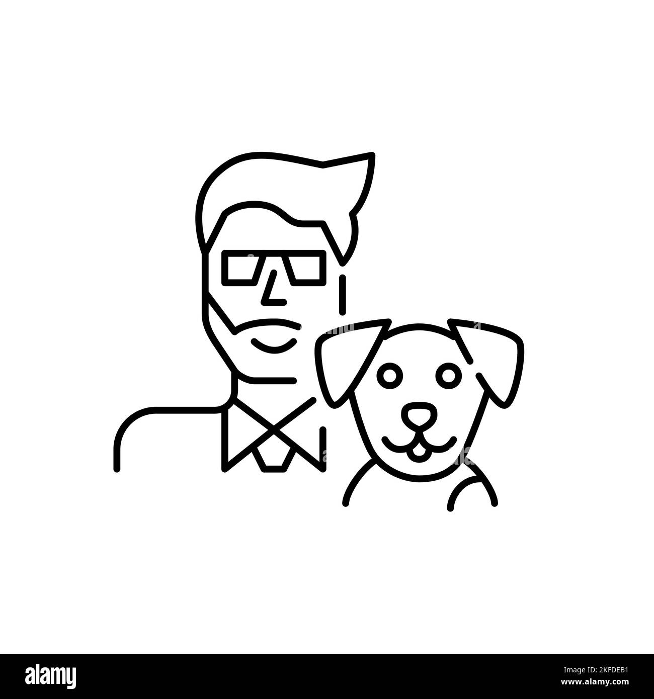 Young man and his happy dog. Pixel perfect, editable stroke line Stock