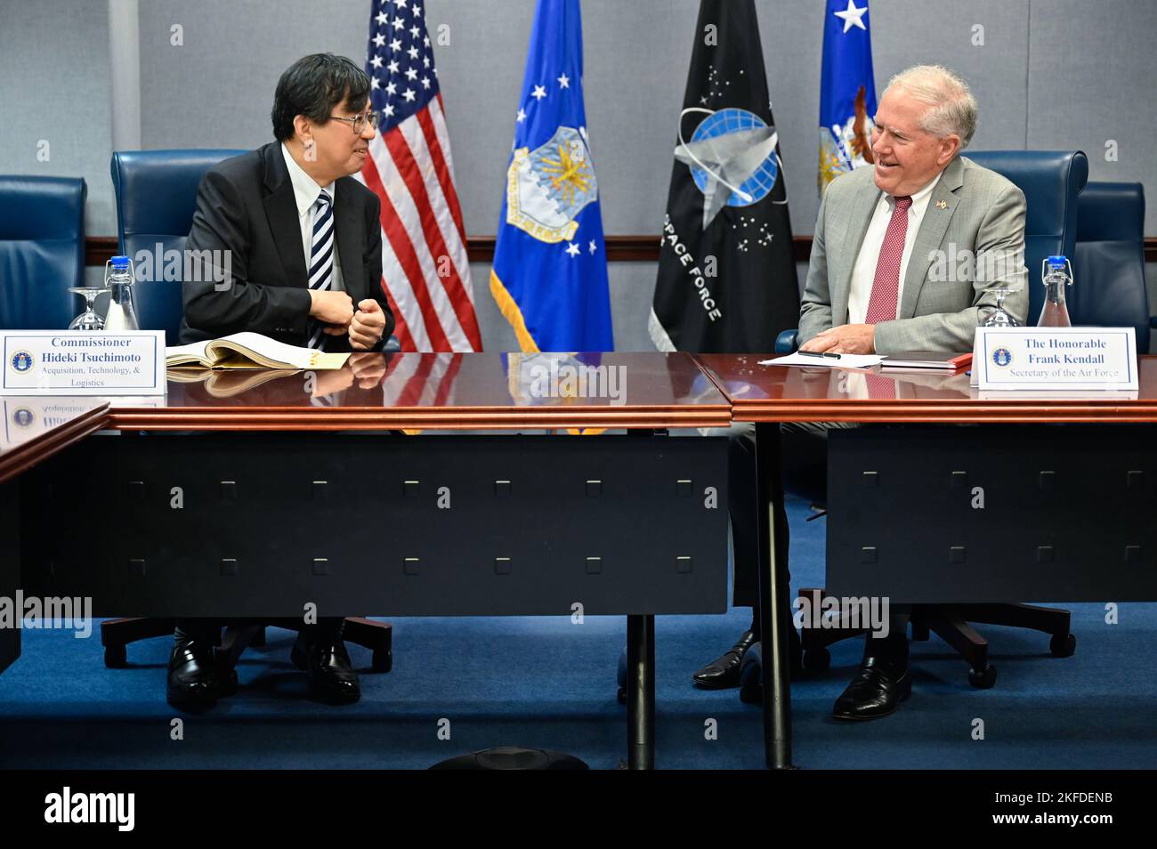 Secretary of the Air Force Frank Kendall speaks with Hideki Tsuchimoto ...