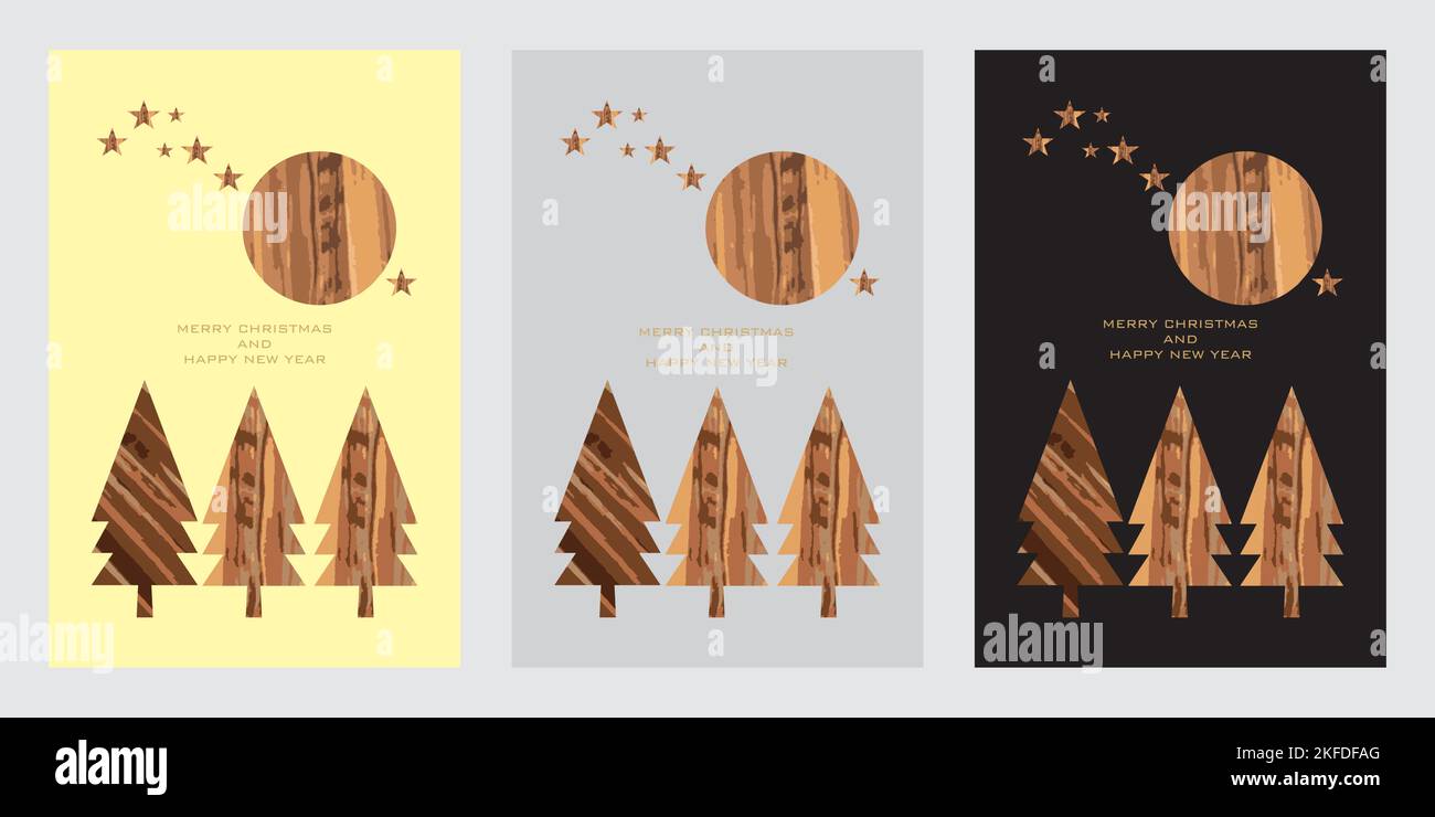 Christmas and New Year cards 3 pieces in a set, luxury, unique, natural with wooden Christmas tree ornaments, heart, star, moon symbols Stock Vector