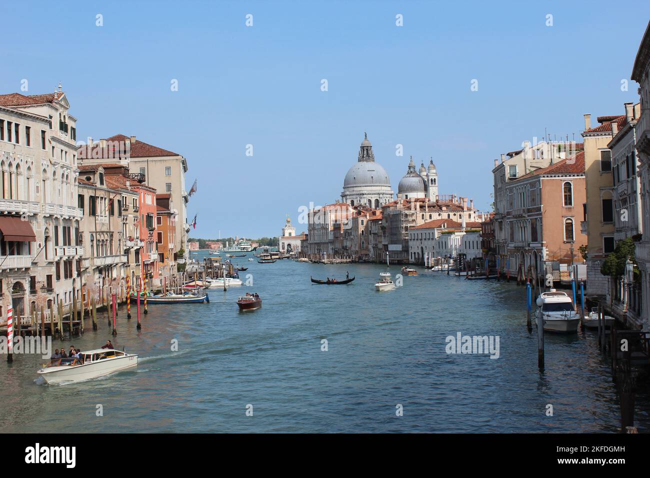 The Grand Canal in Venice, Italy with water taxis and gondolas Stock