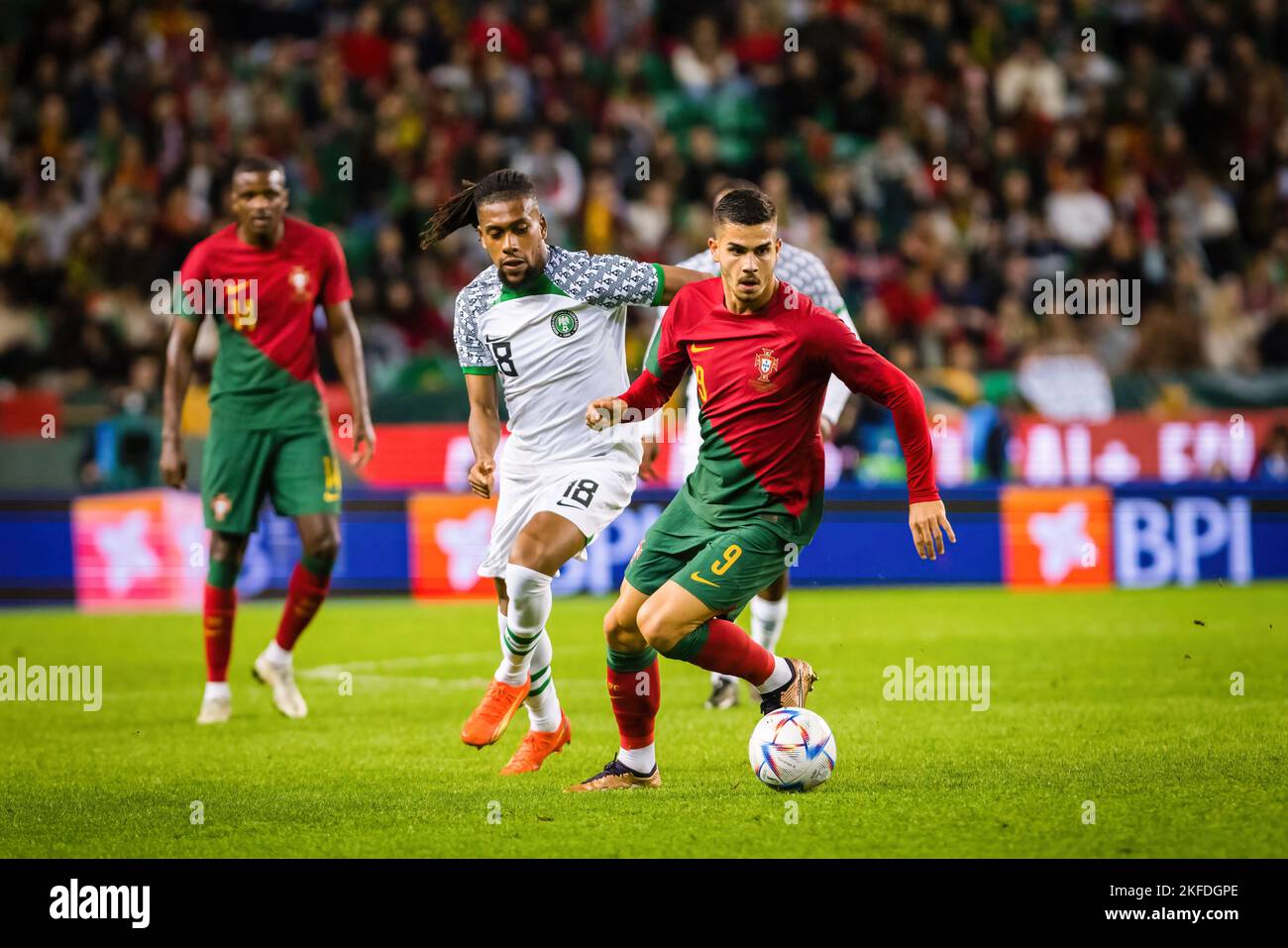 Lisbon, Portugal. 17th Nov, 2022. Andre Silva of Portugal (R) and Alex Iwobi of Nigeria (L) seen in action during the friendly football match between Portugal and Nigeria, at the Jose Alvalade stadium ahead of the Qatar 2022 World Cup. (Final score: Portugal 4 - 0 Nigeria) Credit: SOPA Images Limited/Alamy Live News Stock Photo
