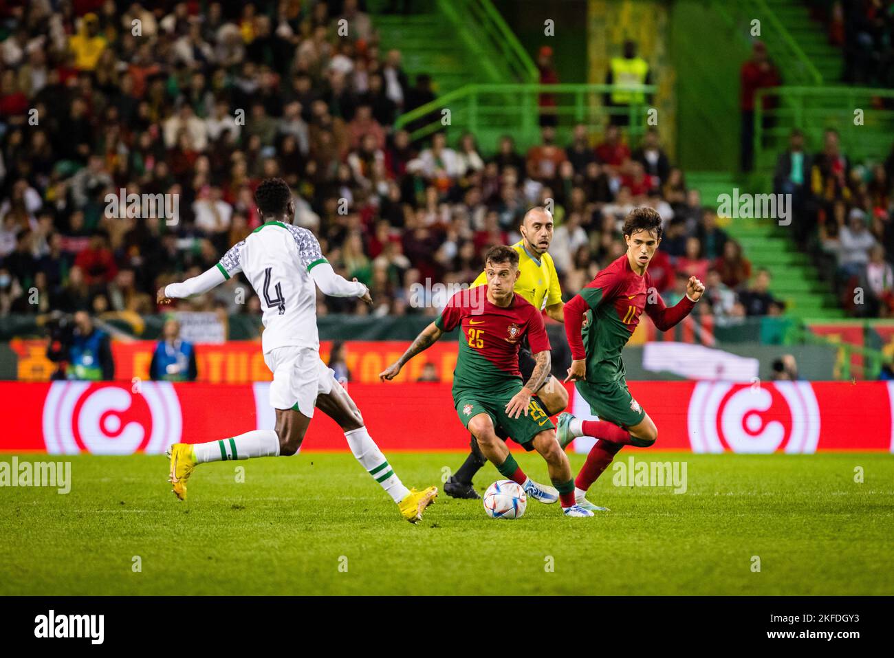 Lisbon, Portugal. 17th Nov, 2022. Otavio Monteiro (C), Joao Felix (R) of Portugal and Wilfred Ndidi of Nigeria (L) seen in action during the friendly football match between Portugal and Nigeria, at the Jose Alvalade stadium ahead of the Qatar 2022 World Cup. (Final score: Portugal 4 - 0 Nigeria) (Photo by Henrique Casinhas/SOPA Images/Sipa USA) Credit: Sipa USA/Alamy Live News Stock Photo