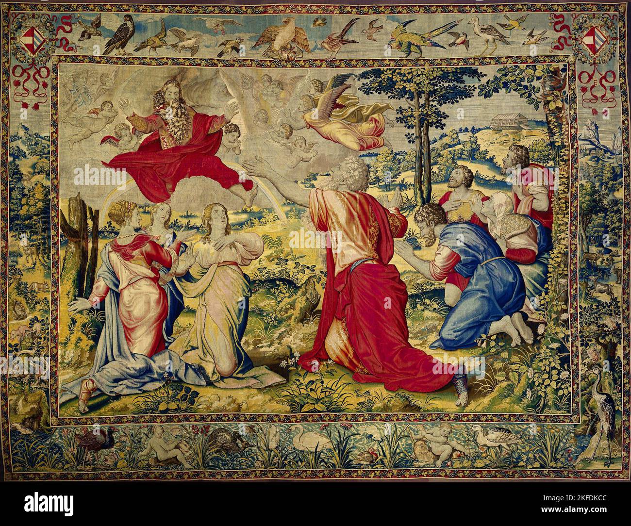 Belgium: 'God Blesses Noah and his Family'. Wool and silk tapestry by Willem de Pannemaker (c. 1512/1514-1581) and Michiel Coxie (14 March 1499 - 10 March 1592), c. 1570.  In this tale from the Hebrew Bible, or the Old Testament of the Christian Bible, God was dissatisfied with the sins of mankind and he decided to purge the earth of every person except the righteous Noah and his wife.  God instructed Noah to build an ark and to save two of each earthly creature on board. Noah complied, and as soon as the ark was built, God flooded the earth and killed everyone except Noah and his wife. Stock Photo