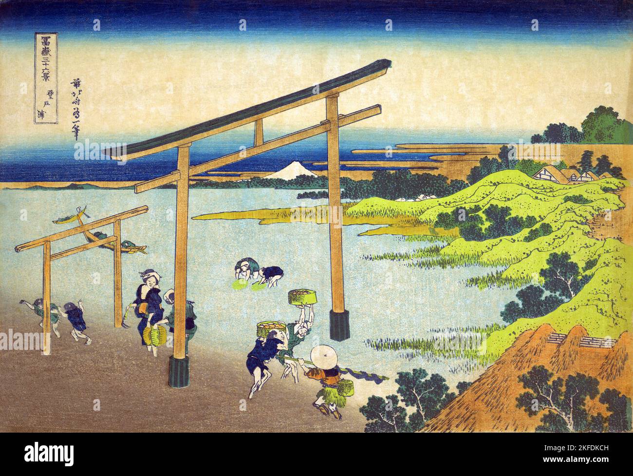 Japan: ‘Noboto Bay’. Ukiyo-e woodblock print from the series ‘Thirty-Six Views of Mount Fuji’ by Katsushika Hokusai (31 October 1760 - 10 May 1849), 1830.  ‘Thirty-six Views of Mount Fuji’ is an ‘ukiyo-e’ series of woodcut prints by Japanese artist Katsushika Hokusai. The series depicts Mount Fuji in differing seasons and weather conditions from a variety of places and distances. It actually consists of 46 prints created between 1826 and 1833. The first 36 were included in the original publication and, due to their popularity, 10 more were added after the original publication. Stock Photo