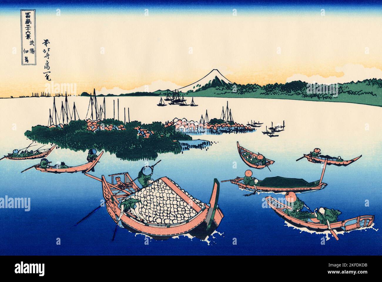 Japan: ‘Tsukada Island in the Musashi Province’. Ukiyo-e woodblock print from the series ‘Thirty-six Views of Mount Fuji’ by Katsushika Hokusai (31 October 1760 - 10 May 1849), c. 1830.  ‘36 Views of Mount Fuji’ is an ‘ukiyo-e’ series of large woodblock prints by the artist Katsushika Hokusai. The series depicts Mount Fuji in differing seasons and weather conditions from a variety of places and distances. It actually consists of 46 prints created between 1826 and 1833. The first 36 were included in the original publication and, due to their popularity, 10 more were added afterwards. Stock Photo