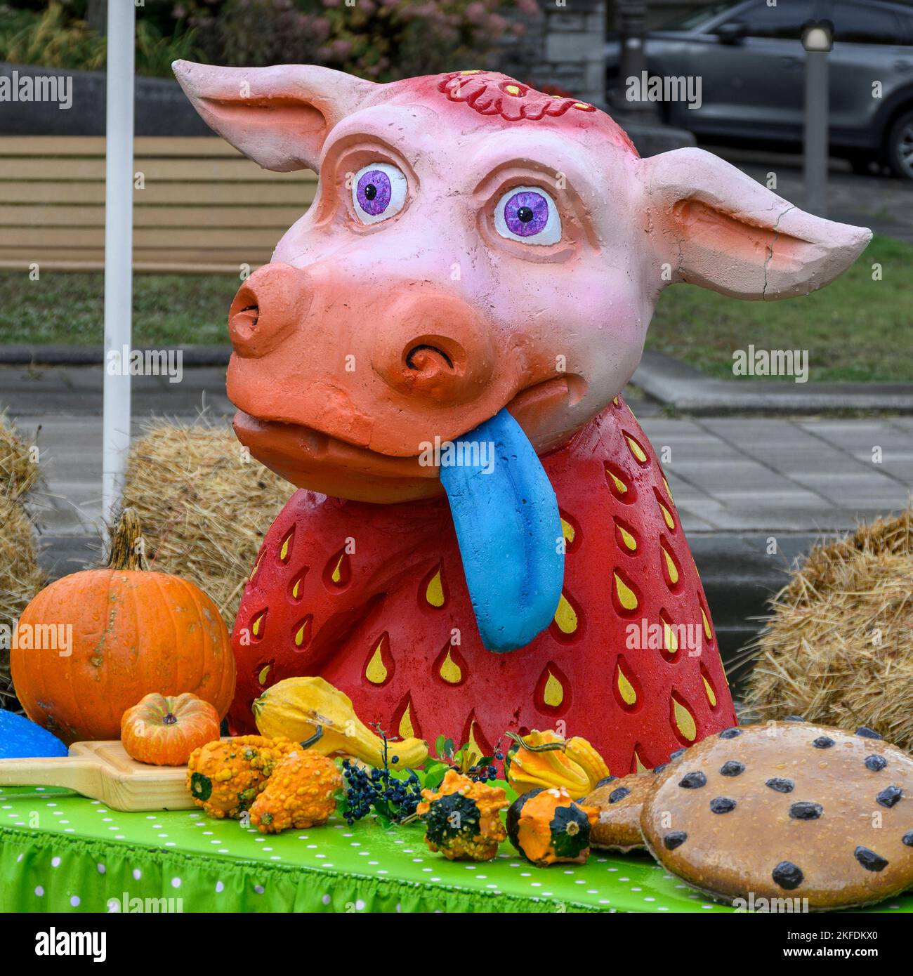 A status of a cow with a cornucopia of food at the Halloween Display in the Parc du Ville in Quebec City. Stock Photo
