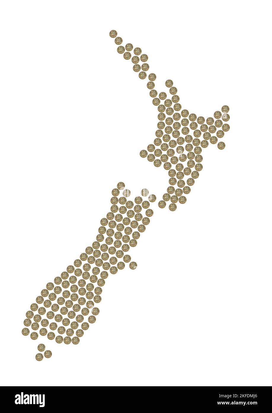 A map of Zealand made from New Zealand one dollar coins. Stock Photo