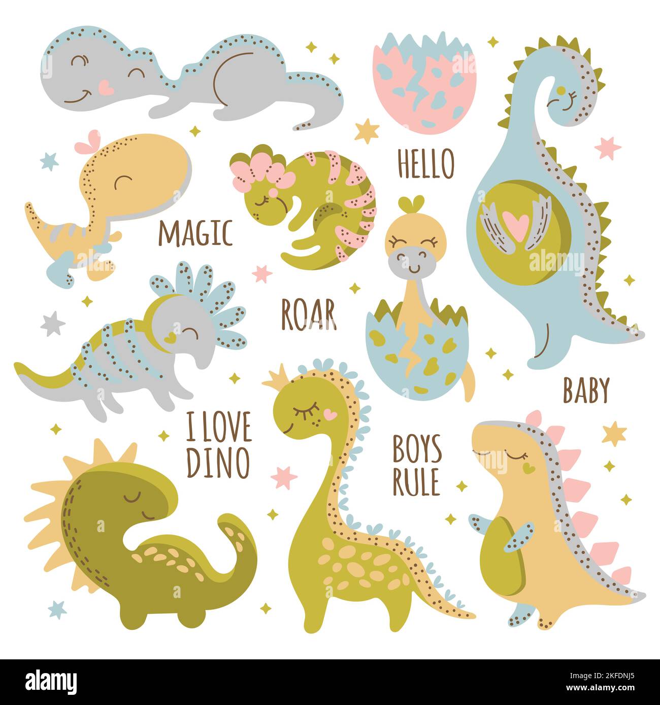 BABY DINO CHARACTERS Birthday Flat Design Hand Drawn Cartoon Cute Animal Vector Illustration Clip Art Set For Print Stock Vector