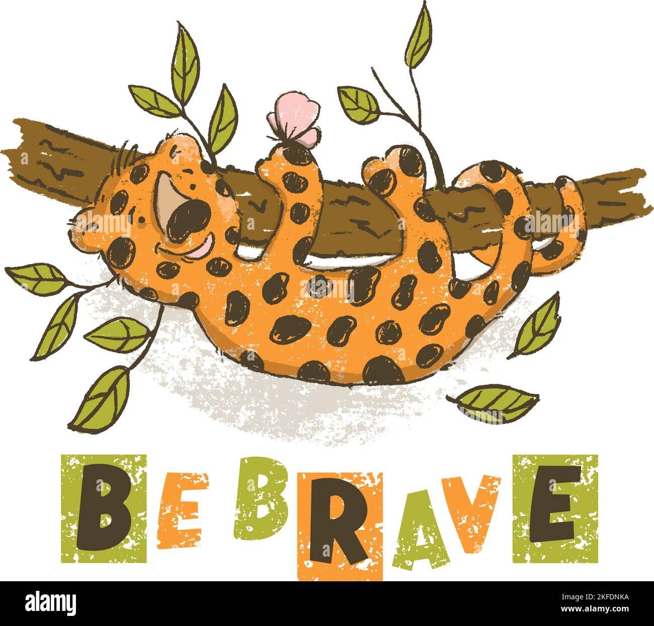 BE BRAVE Cartoon Cute Leopard Animal Hand Drawn Vector Illustration