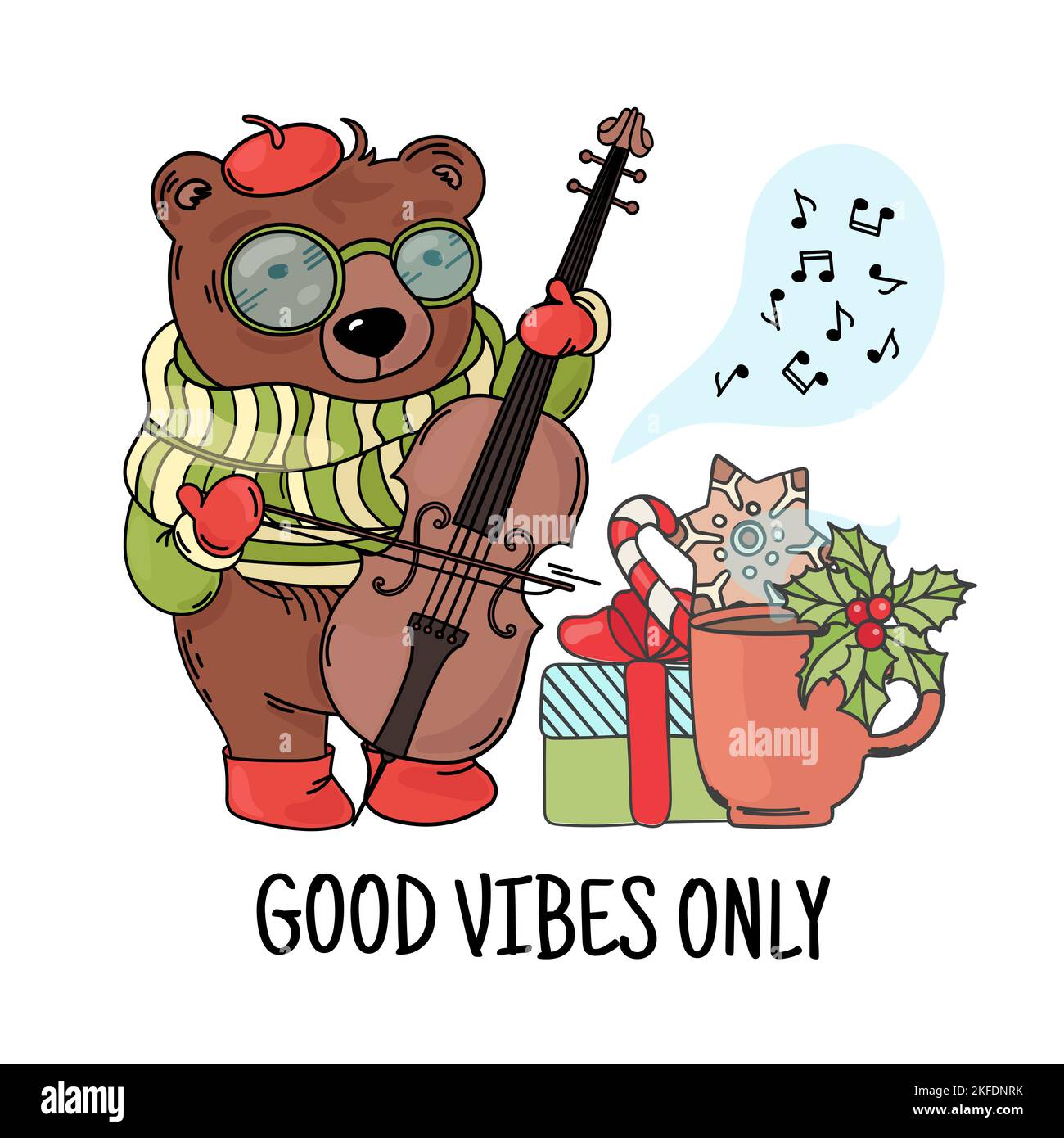 BEAR MUSICIAN Animal Music Cartoon Good Vibes Only Birthday Holiday