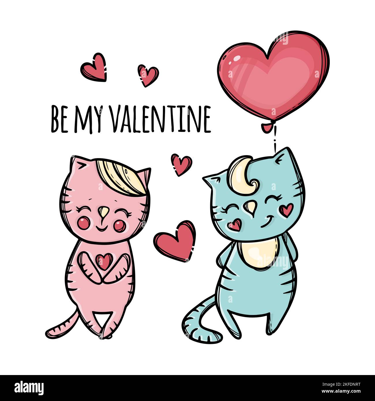 BE MY VALENTINE Cute Confused Kitty With Red Balloon Heart Takes