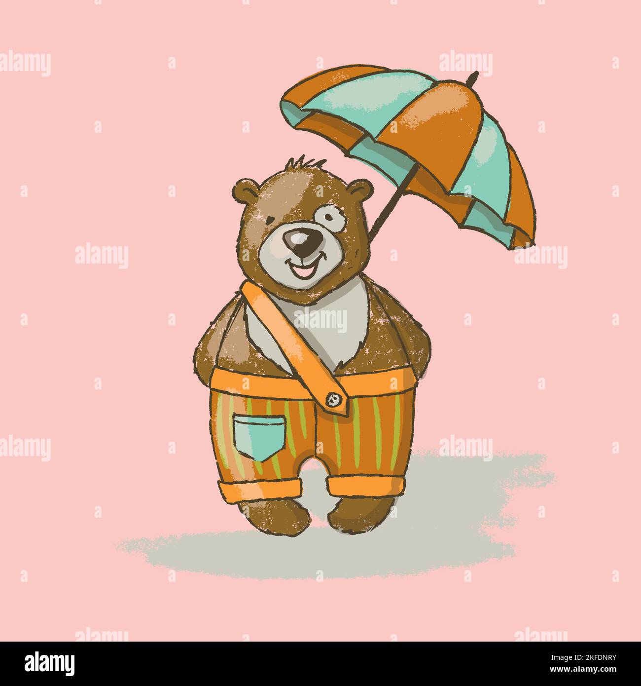 BEAR UMBRELLA Cartoon Cute Animal Hand Drawn Vector Illustration Card