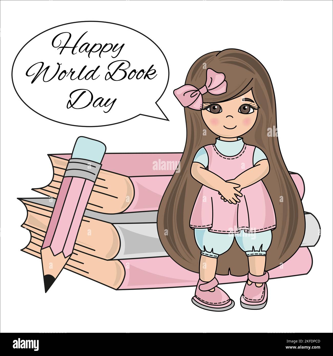 BOOK GIRL World Book Day Knowledge School Children Cartoon Vector