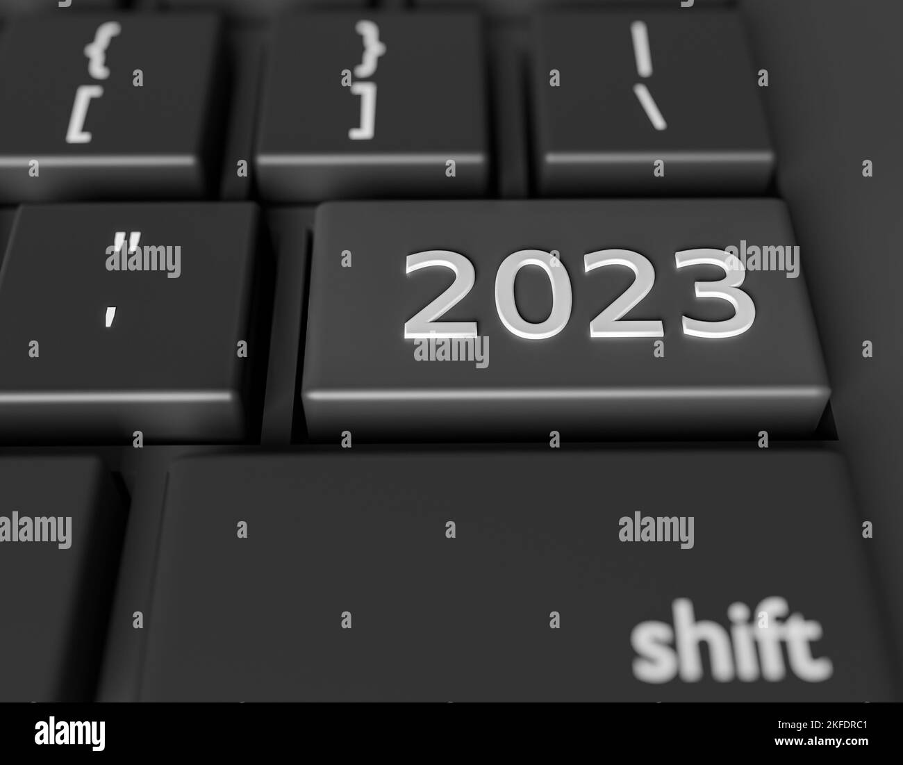 Number 2023 on a computer keyboard. New Year image on a computer key Enter. 3d rendring Stock