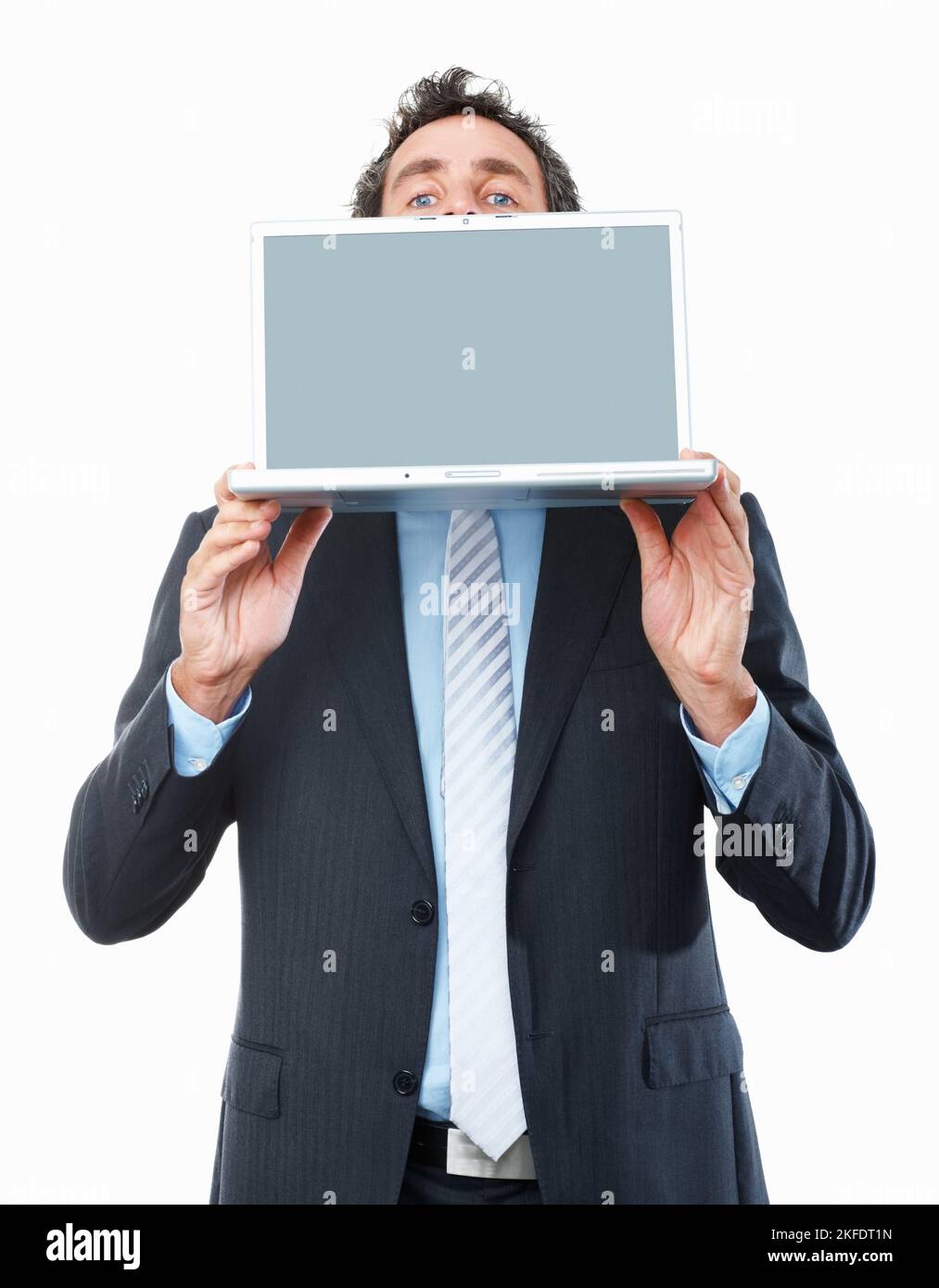 Business man displaying laptop. Business man holding laptop in front of ...