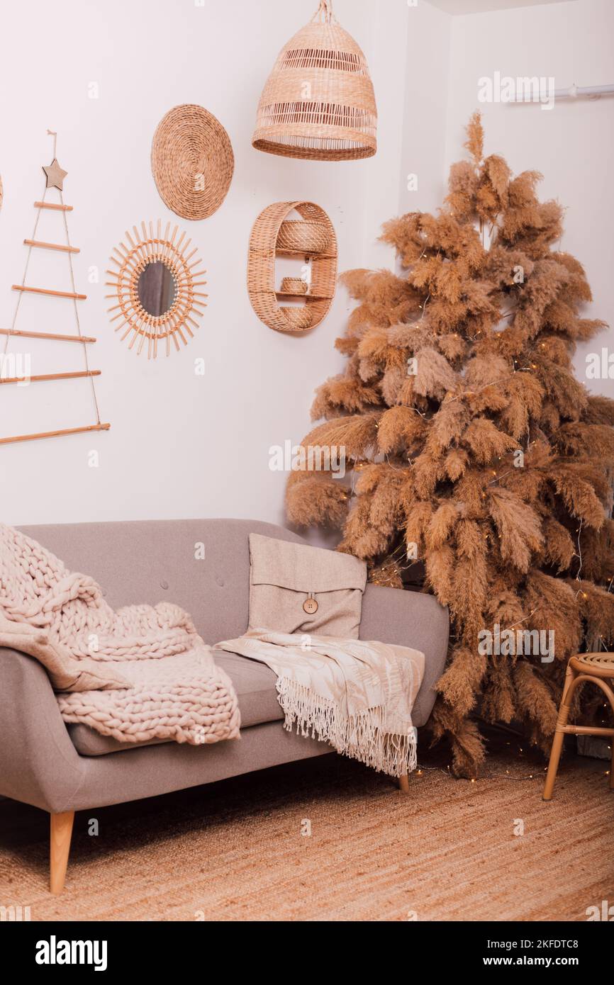 Modern boho christmas tree ornaments, white baubles, wooden
