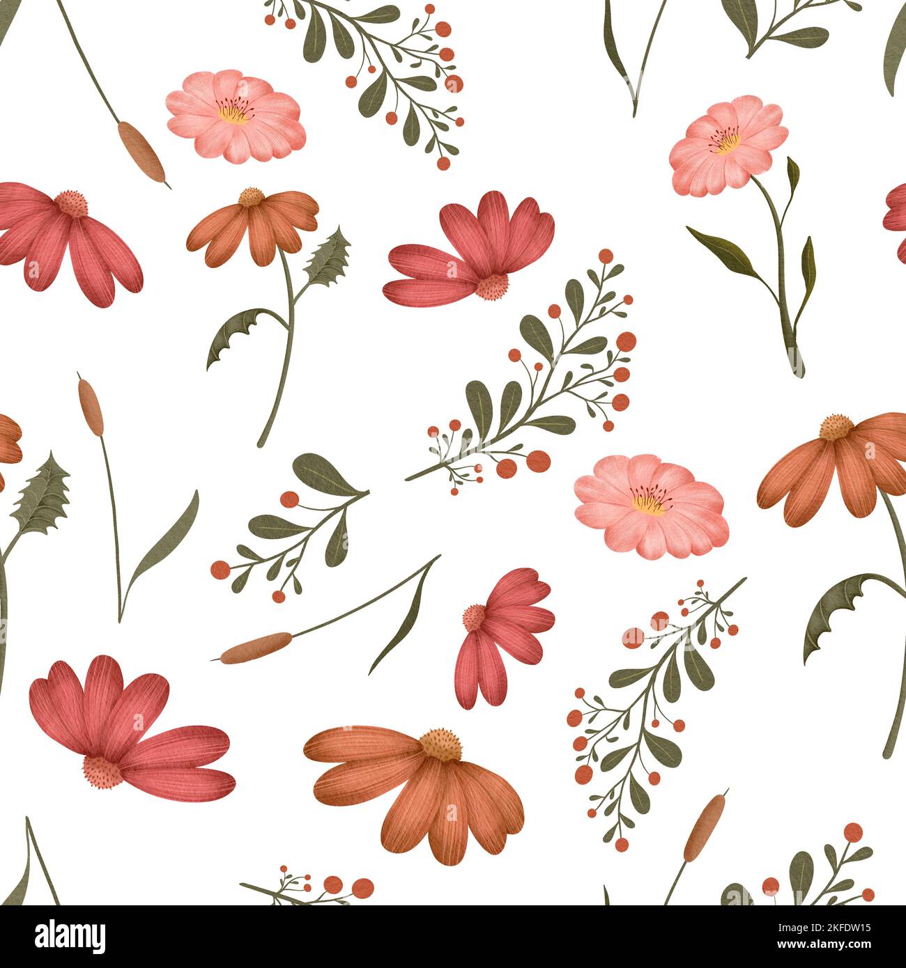 Wildflowers and leaves seamless pattern Stock Photo - Alamy