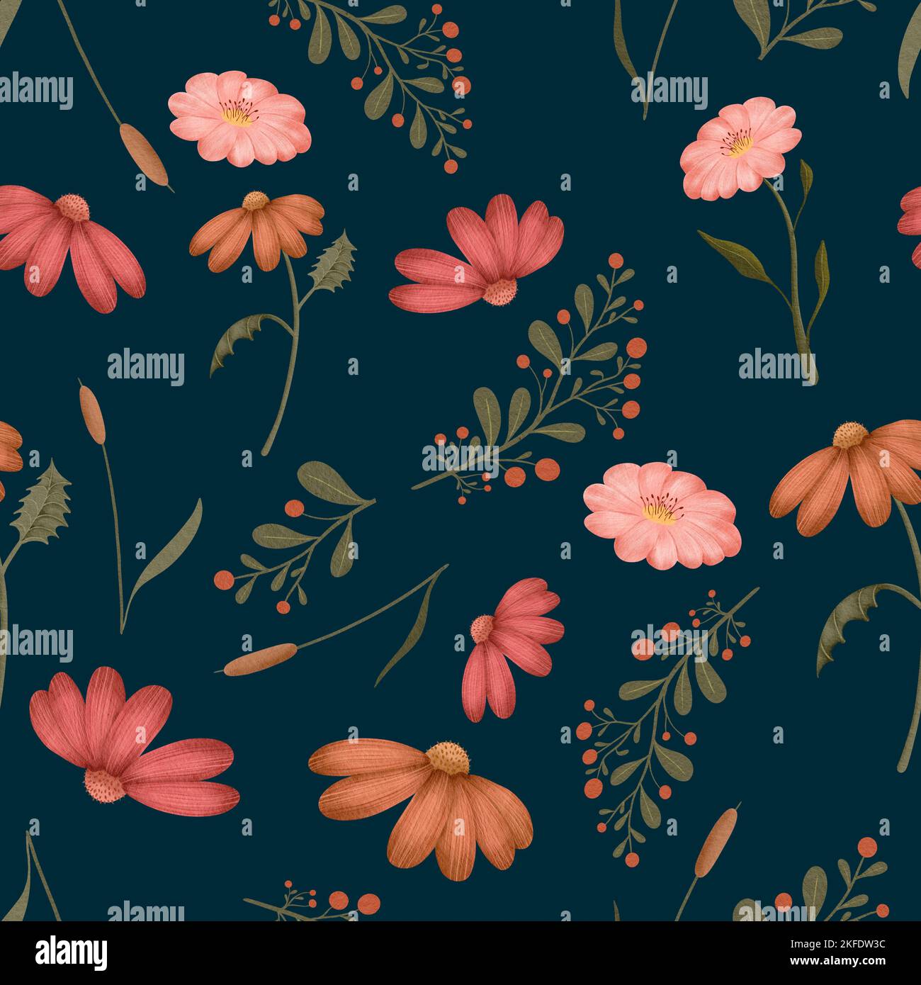 Wildflowers and leaves seamless pattern Stock Photo - Alamy