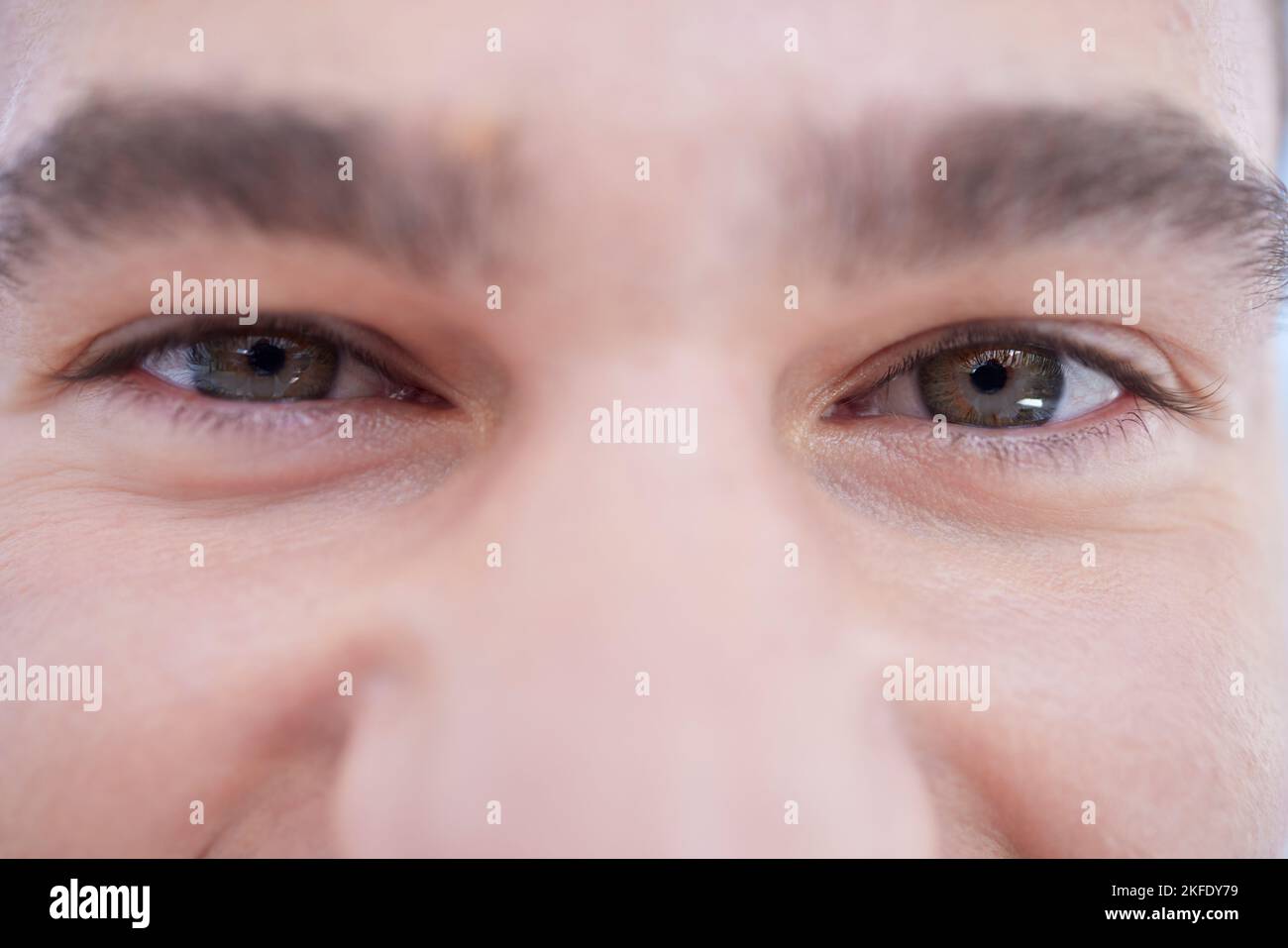 Eyes, zoom and face portrait of man , vision and sight for peace, calm or positive mindset. Eye exam, eyesight or eyeball for wellness optometry of Stock Photo