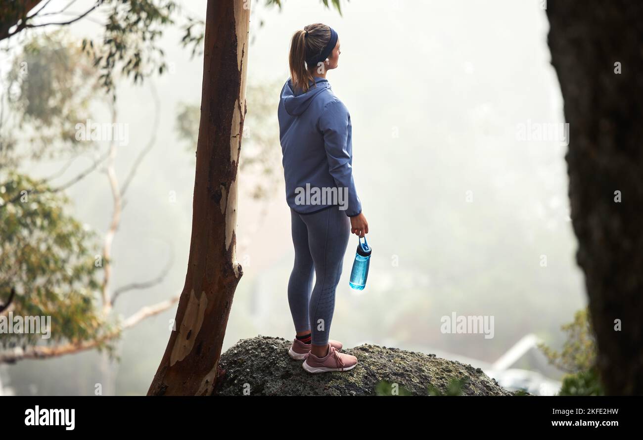 Hiking, mountain and forest woman with fitness goal, adventure and journey challenge achievement on rock or hill in winter. Sports, athlete and Stock Photo
